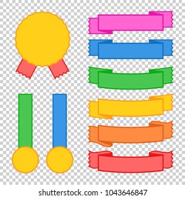 Set of colored ribbon banners. With space for text. A simple flat vector illustration isolated on a transparent background. Suitable for infographics, design, advertising, holidays, labels.