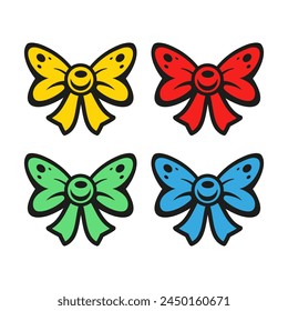 Set of colored ribbon bows. Blue green red colors and black outline. Isolated vectors on white background.
