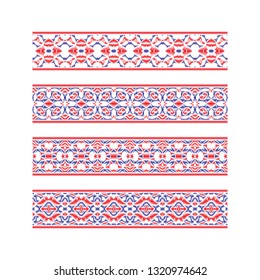 Set of colored ribbon patterns. Blue red traditional ornaments for embroidery or frame design.