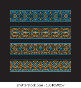 Set of colored ribbon patterns. Orange blue traditional ornaments for embroidery or frame design. Vector patterned brushes templates.