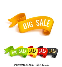 Set of colored ribbons. Big sale. Realistic detailed curved paper banners. Ribbons with space for text. Isolated on white background. Vector illustration. Design elements.