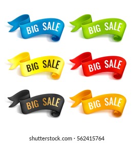 Set of colored ribbons. Big sale. Realistic detailed curved paper banners. Ribbons with space for text. Isolated on white background. Vector illustration. Design elements.