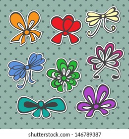 set of colored ribbons, bows for gift in retro style