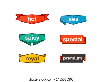 Set of colored ribbons with delicious inscriptions, hot, spicy, marine, special, Royal, premium