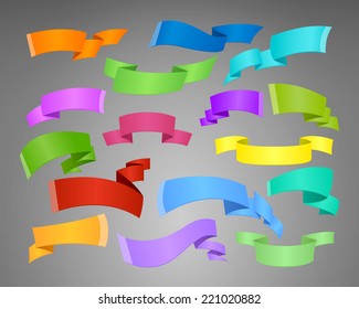 Set of colored ribbons of different shapes isolated on gray background. Vector illustration.