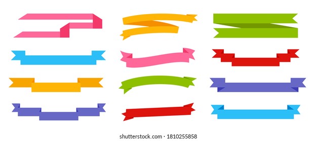 Set of colored ribbons flat. Decorative cartoon paper banner. Retro flag, blank tape for text, price tag, sale label. Simple ribbon empty template different shape Isolated on white vector illustration