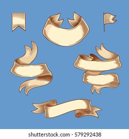 Set of colored ribbons isolated on blue background. Vector illustration of vintage engraving ribbon tapes for menu, poster, web and label. Hand drawn in a graphic style.