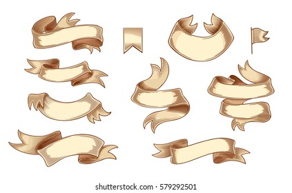 Set of colored ribbons isolated on white background. Vector illustration of vintage engraving ribbon tapes for menu, poster, web and label. Hand drawn in a graphic style.