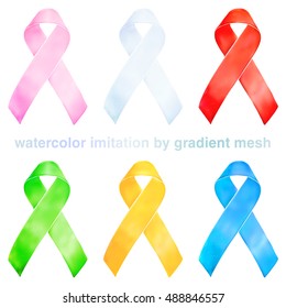 Set of colored ribbons in the style of watercolor simulation using vector gradient mesh. No trace. Useful for celebratory actions and social campaigns in support of peace, health and quality of life.