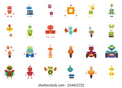 a set of colored robot toys on a white background