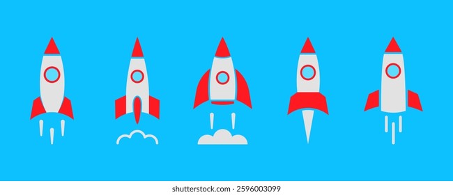 Set of colored rocket on blue background. Launch spaceship or spacecraft. Rocket fast flying for sky.