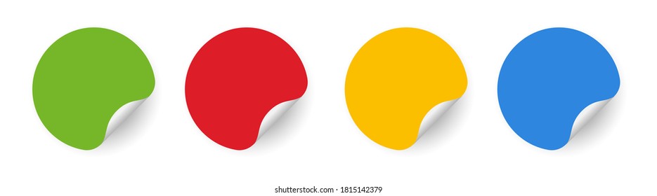 Set of colored Round adhesive stickers with curved corner. Blank mockup circle sticky label. Realistic textures. Vector illustration, EPS10.