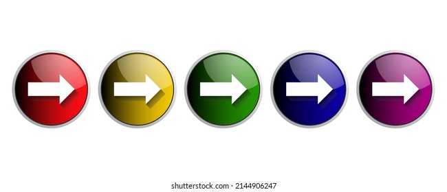 Set of colored round buttons with arrows. Glossy arrow buttons. Vector graphics elements. Vector illustration isolated on white background