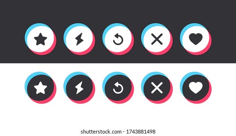 A set of colored round buttons with icons of hearts, stars, arrows, lightning bolts, and crosses drawn in a flat style. Social media network concept. Vector illustration