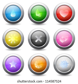 Set of colored round buttons with  signs and wavy reflections