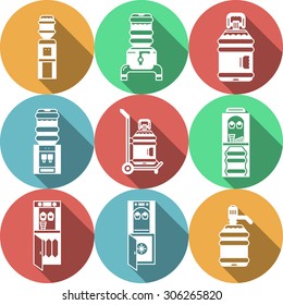 Set of colored round flat vector icons with white line water cooler and supplies. Water delivery service. Design elements for business and website.