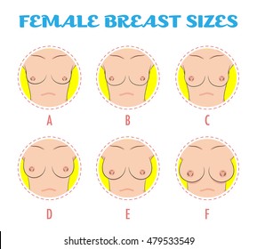 Set of colored round icons of different female breast size, body front view. Various boobs sizes, from small to large. Sizes of busts, from A to F. Vector isolated. 