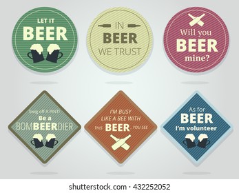 Set Of Colored Round and Square Ready Beer Coasters and Mats With Slogans And Phrases, Motivation Bierdeckels Design