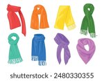 Set of colored scarves and shawls in cartoon style. Vector illustration of beautiful scarves of different shapes isolated on white background. A stylish element of the outfit.Protection from the cold.