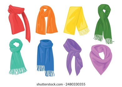 Set of colored scarves and shawls in cartoon style. Vector illustration of beautiful scarves of different shapes isolated on white background. A stylish element of the outfit.Protection from the cold.