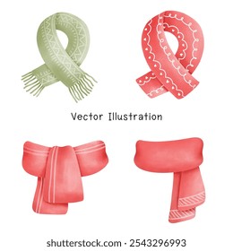 Set of colored scarves and shawls in watercolor. Vector illustration of beautiful scarves of different shapes isolated on white background. A stylish element of the outfit.Protection from the cold.