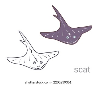 Set of colored scat and scat outline for coloring. Underwater world! Cute cartoon scat. Vector illustration. Drawings for banner, card, postcard