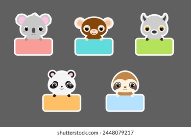 Set of colored school labels for kids. Cute cartoon animals shaped notepads, memo pad, sticky tags, scrapbooking, cards, baby shower, invitation. Vector stock illustration