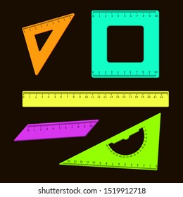 Set of colored school rulers on a black background