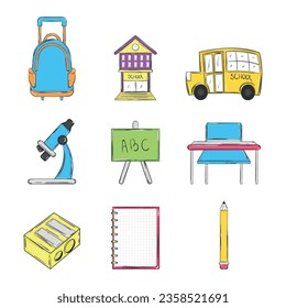 Set of colored school supplies sketch icons Vector illustration