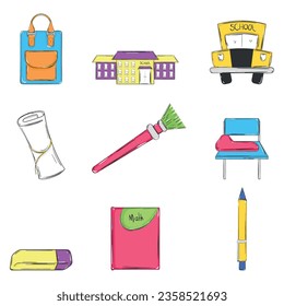 Set of colored school supplies sketch icons Vector illustration