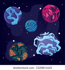 Set of colored sci fi planets on a universe background Vector illustration