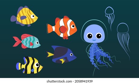 Set of colored sea fish. Vector flat cartoon design illustration.