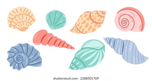 Coloridas conchas marinas, moluscos, vieiras. Conchas submarinas de diversas formas. Ilustración vectorial de los mariscos aislados en fondo blanco.