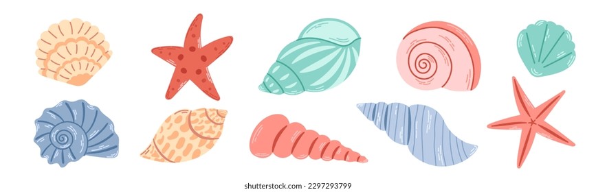 Set of colored sea shells, molluscs, sea ​​snails, starfish. Modern flat illustration of seashells isolated on white background.