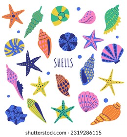 Set of colored sea shells, molluscs, scallops, starfishes. Cartoon colorful undersea elements. Underwater shells of various shapes. Hand drawn colorful vector illustration. Flat cartoon style.