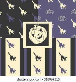 Set of colored seamless patterns with cats and pumpkins.