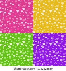 Set of colored seamless patterns of cute hearts. Can be used for printing on fabric or paper. Simple flat vector illustration.