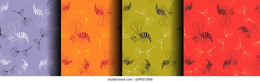 Set of colored seamless patterns with wasp, bee and flower. insect, cartoon character. Funny, sad, blue, orange, green, red