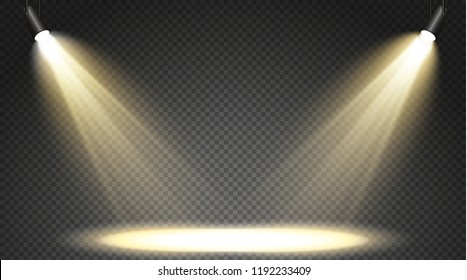 Set of colored searchlights on a transparent background. Bright lighting with spotlights. The searchlight is white, blue, yellow.
