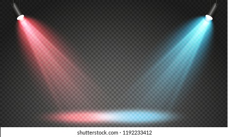 Set of colored searchlights on a transparent background. Bright lighting with spotlights. The searchlight is white, blue.
