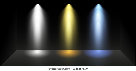 Set of colored searchlights on a transparent background. Bright lighting with spotlights. The searchlight is white, blue.