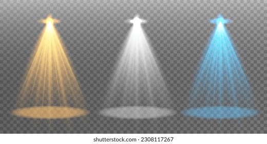 Conjunto de focos de búsqueda coloreados sobre un fondo transparente. Luces luminosas con focos. El foco reflector es blanco, azul, amarillo.

