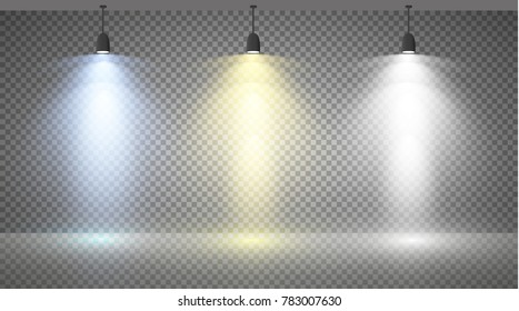 
Set of colored searchlights on a transparent background. Bright lighting with spotlights. The searchlight is white, blue, yellow.
