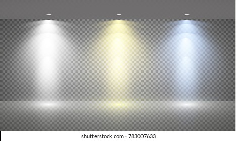 
Reihe von farbigen Scheinwerfern auf transparentem Hintergrund. Helle Beleuchtung mit Scheinwerfern. Das Suchlicht ist weiß, blau, gelb.
