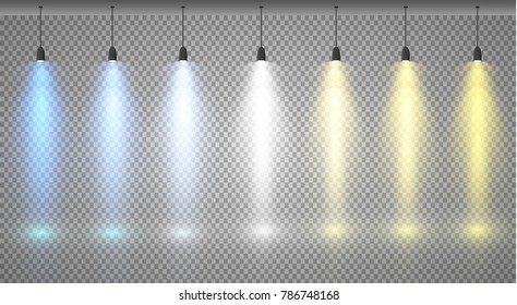 Set of colored searchlights on a transparent background. Bright lighting with spotlights. The searchlight is white, blue, yellow.
