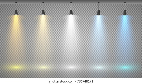 Set of colored searchlights on a transparent background. Bright lighting with spotlights. The searchlight is white, blue, yellow.

