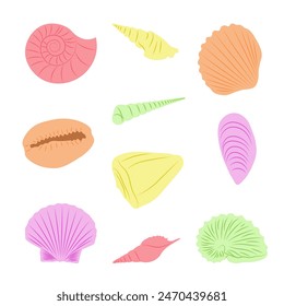 Set of colored seashells, summer illustration	