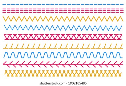 A set of colored sewing stitches on a white background.