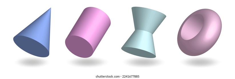 Set of colored shape on white background. Cylinder, ball and other shape with shadows.