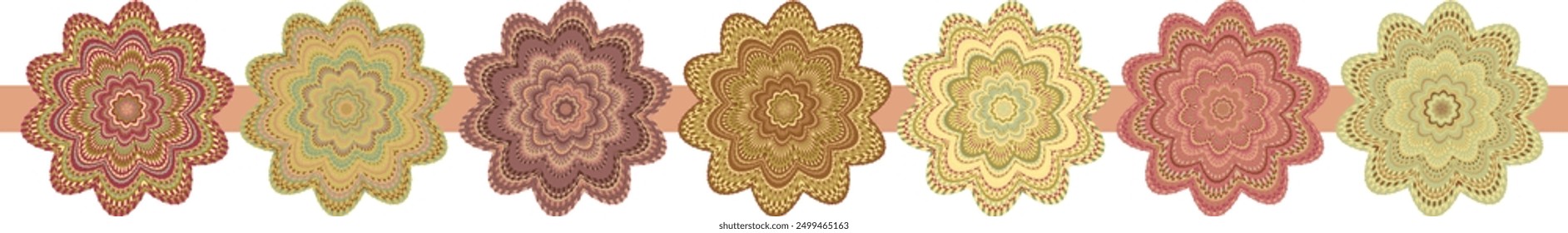 A set of colored shapes in the form of flowers or a mandala.